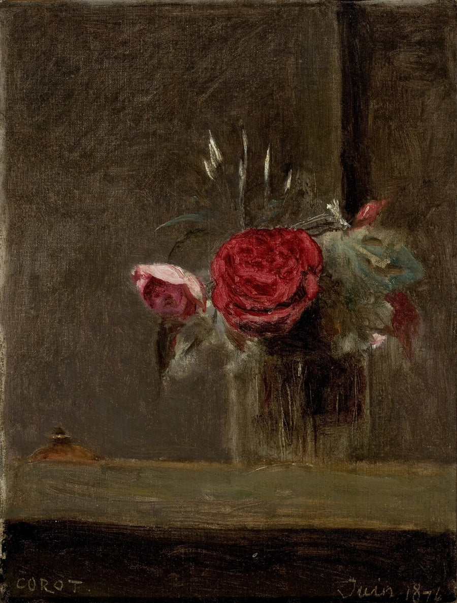 Rozen in een glas - Jean-Baptiste Camille Corot
