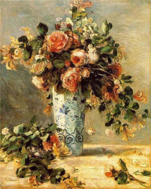 Rozen en jasmijn in een Delfts vaas - Pierre-Auguste Renoir