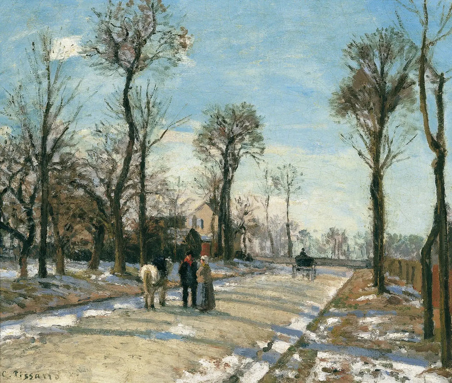 Route de Versailles, Louveciennes, zon en winter sneeuw - Camille Pissarro