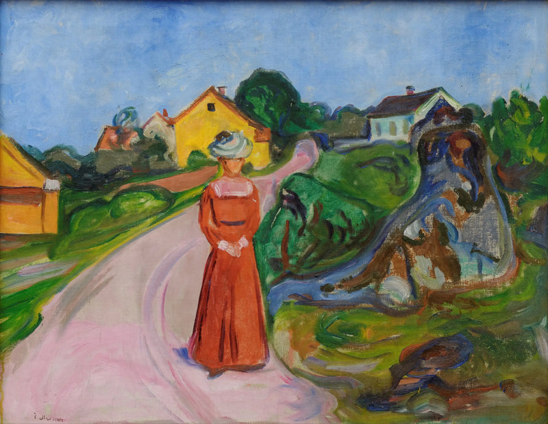 straat van Åsgårdstrand en Vrouw in een rode jurk - Edvard Munch