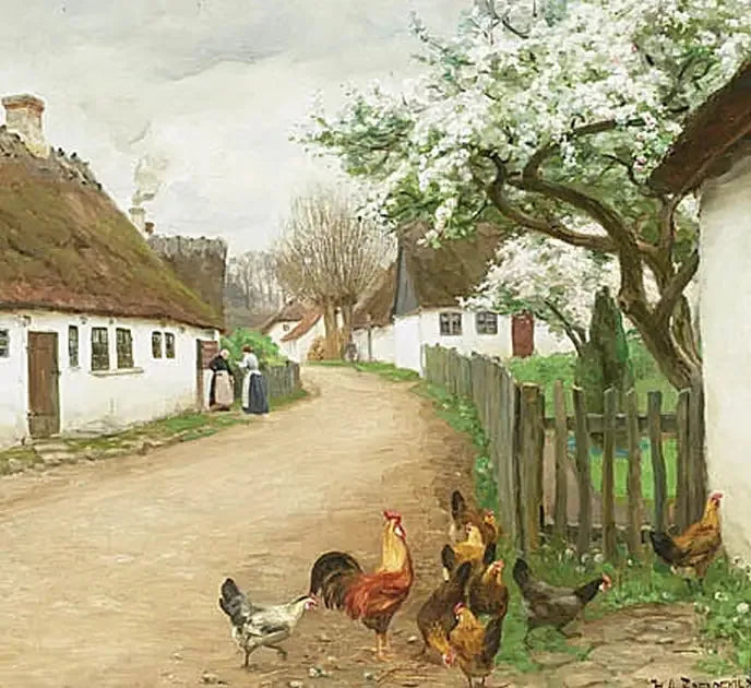 Straat in het dorp met kippen en twee vrouwen die praten. - H. A. Brendekilde

Source:
Rue du village avec des poules et deux femmes qui discutent. - H. A. Brendekilde