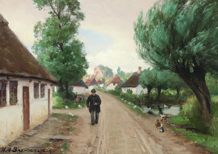 Straat in het dorp met man en eenden aan de rand van de vijver. - H. A. Brendekilde

Source:
Rue du village avec homme et canards au bord de l'étang. - H. A. Brendekilde