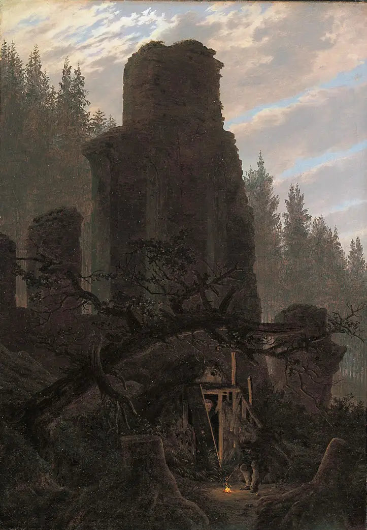 Ruïnes bij schemering (Ruïne van de kerk in het bos) - Caspar David Friedrich