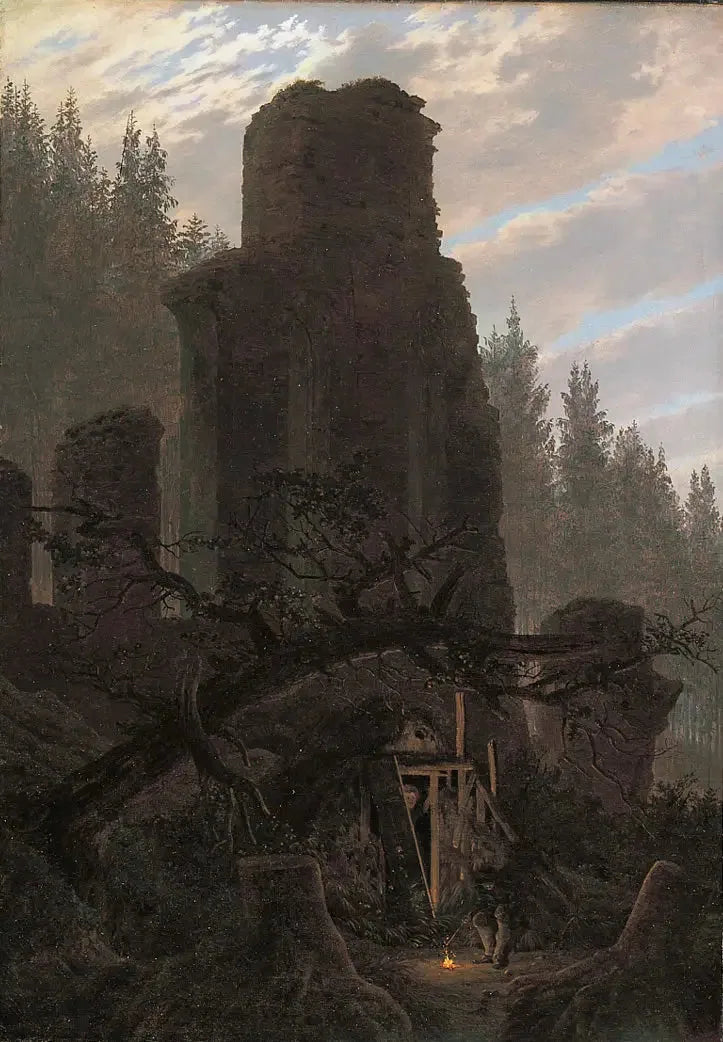 Ruïnes bij schemering (Ruïne van de kerk in het bos) - Caspar David Friedrich