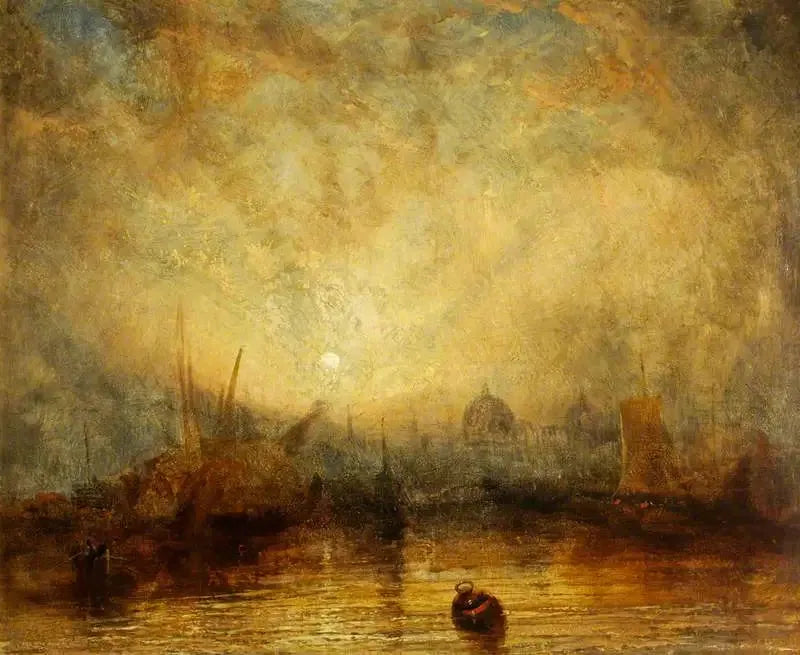 Zeilen en andere vaartuigen bij zonsondergang met uitzicht op de koepels van een stad (waarschijnlijk Venetië) - J. M. W. Turner