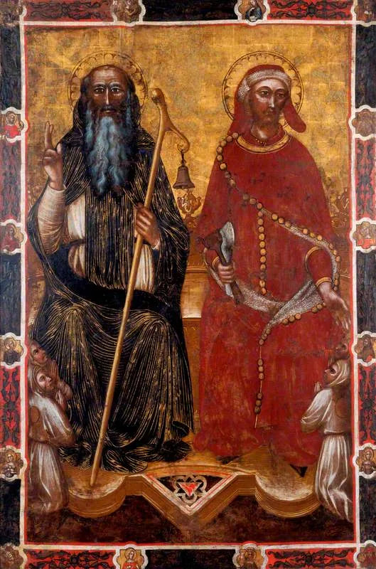 Sint-Antonius de Abt en Sint Elooi met twee paren knielende gelovigen (aan één kant van een processieblag) (voorheen toegeschreven aan Barnaba da Modena) - Spinello Aretino