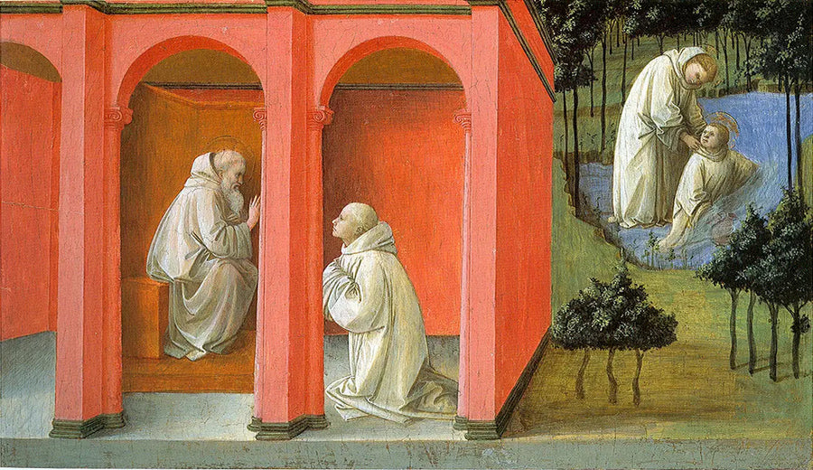 Sint Benedictus beveelt Sint Maurus om de hulp te bieden aan Sint Placidius - Fra Filippo Lippi