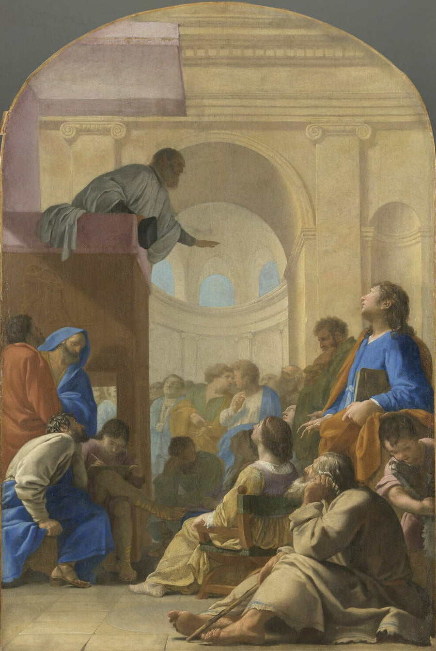 Sint Bruno woont de preek van Raymond Diocres bij - Eustache Le Sueur