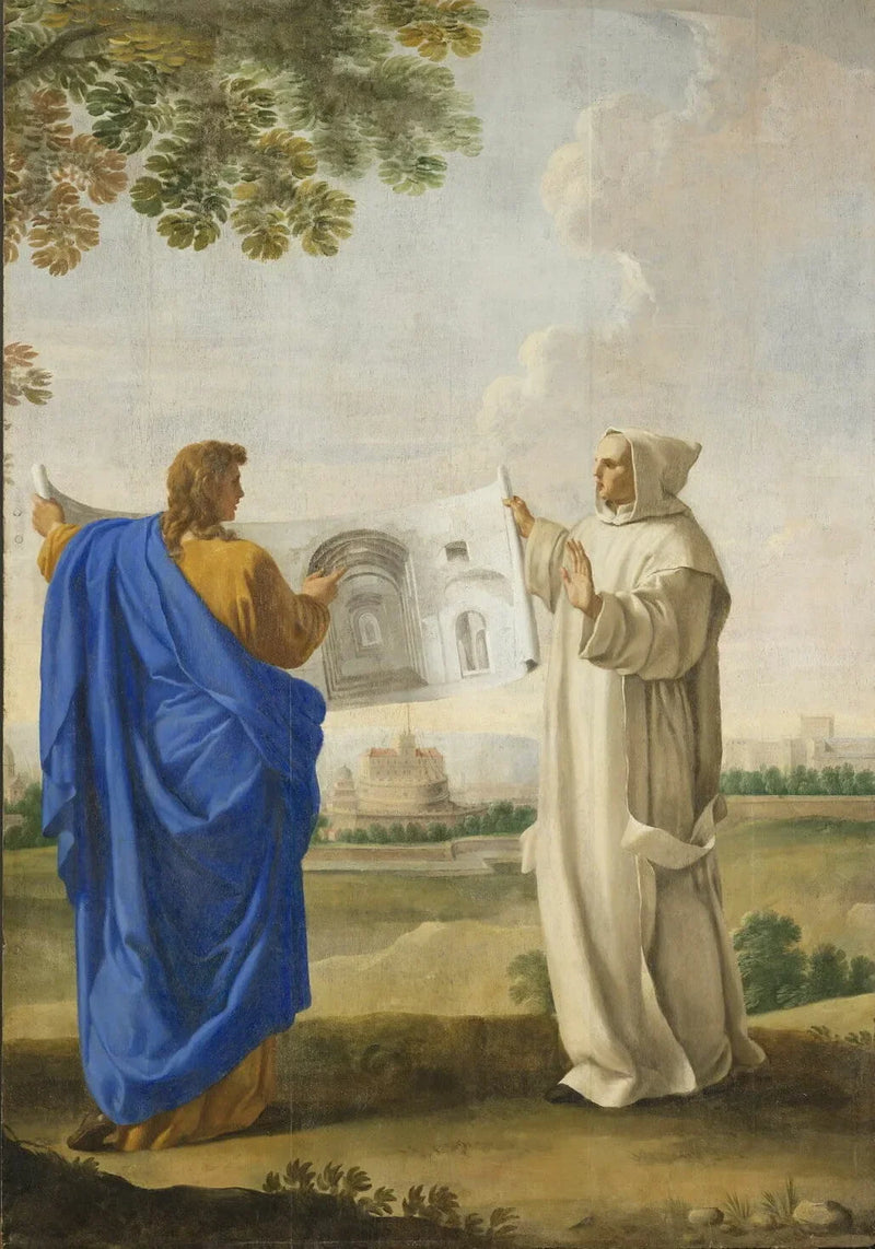 Sint Bruno bestudeert een tekening van de thermen van Diocletianus, locatie van het toekomstige kartuizerklooster in Rome - Eustache Le Sueur