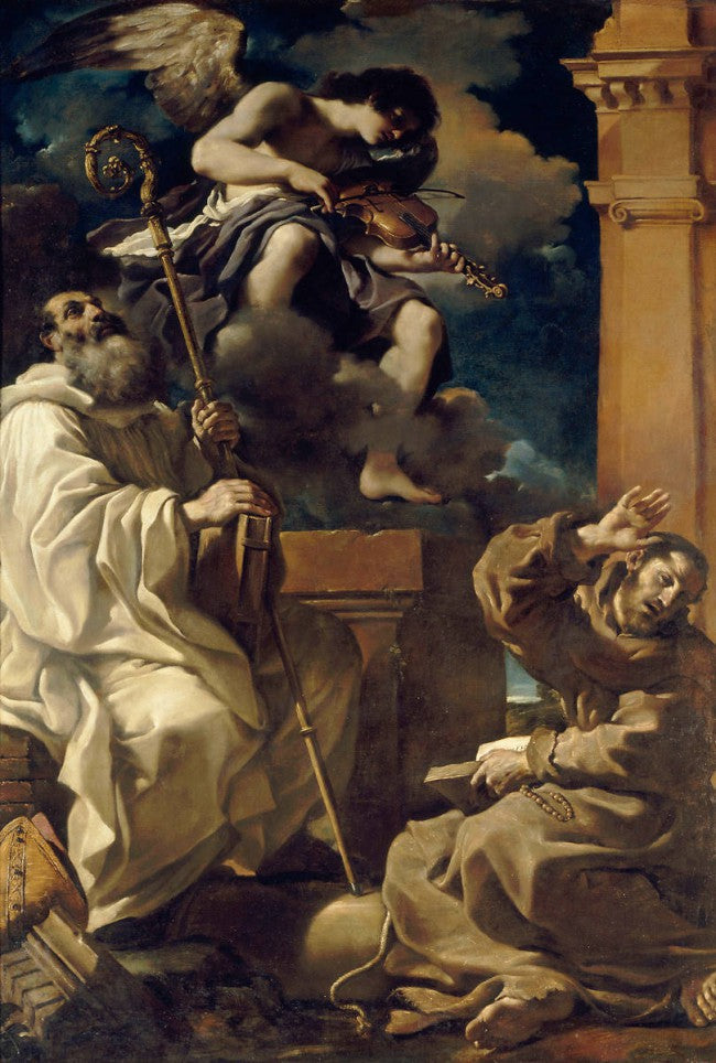 Sint Franciscus in extase met Sint Benoît en een muzikale engel - Guercino