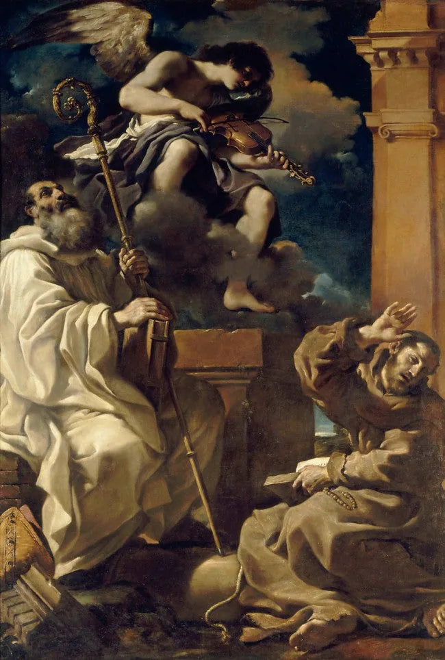 Sint Franciscus in extase met Sint Benoît en een muzikale engel - Guercino