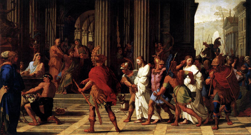 Sint Gervais en Sint Protais komen aan bij Astasius die weigert te offeren aan Jupiter - Eustache Le Sueur