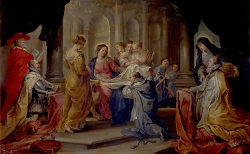 Sint Ildefonse die de chasuble van de Maagd ontvangt, in aanwezigheid van de aartshertog Albert en prinses Isabella - Peter Paul Rubens