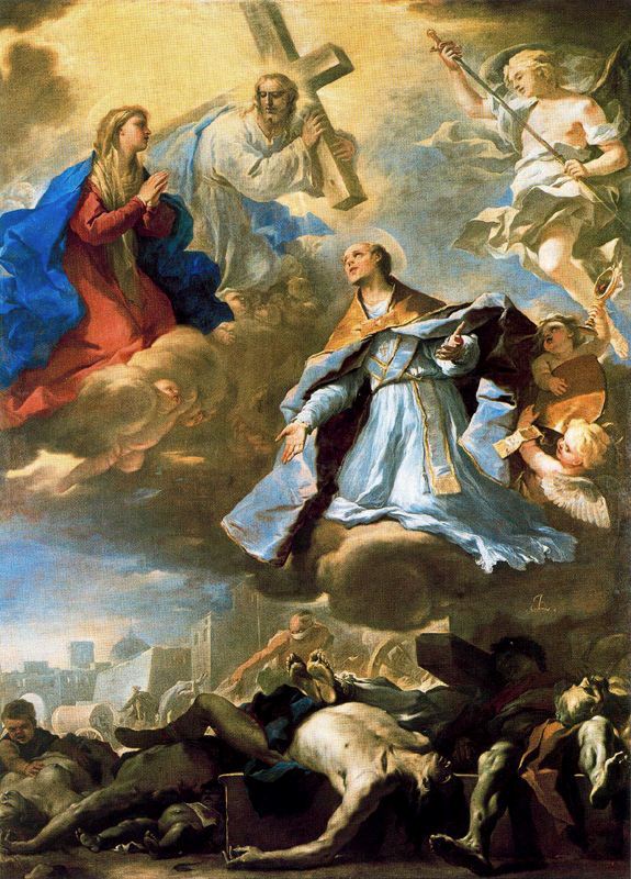 Sint Janvier pleit bij de Maagd, Christus en de Eeuwige Vader voor de pest. - Luca Giordano
