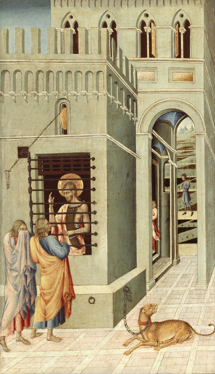 Sint Johannes de Doper in de gevangenis ontvangt bezoek van twee discipelen - Giovanni di Paolo