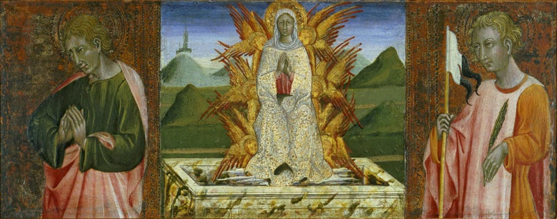 Sint Johannes de Evangelist, de Opname van de Maagd en Sint Ansanus - Giovanni di Paolo