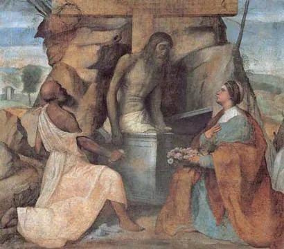 Sint Jerome en Sint Dorothée aanbidden Christus in het graf - Alessandro Bonvicino