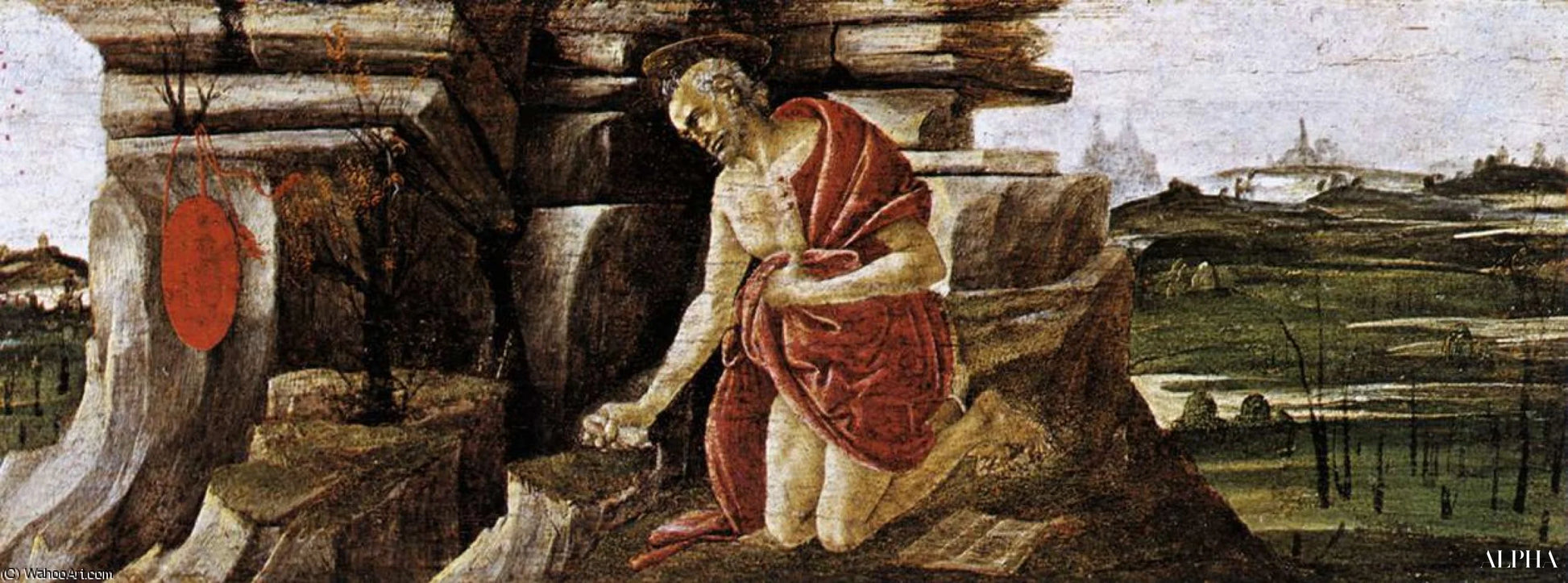 Heilige Hiëronymus boetedoening (Predella van het San Marco-altaar) - Sandro Botticelli - Reproducties van schilderijen en hoogwaardige schilderkunst