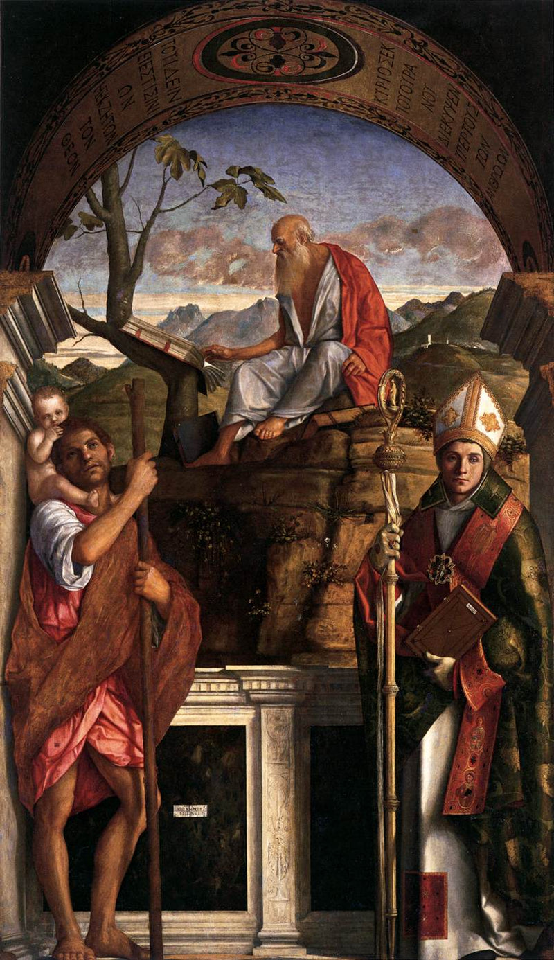 Sint-Jozef lezend met Sint-Christoffel en Sint-Lodewijk van Toulouse - Giovanni Bellini