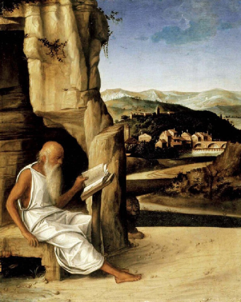 Sint-Jozef lezend in een landschap - Giovanni Bellini