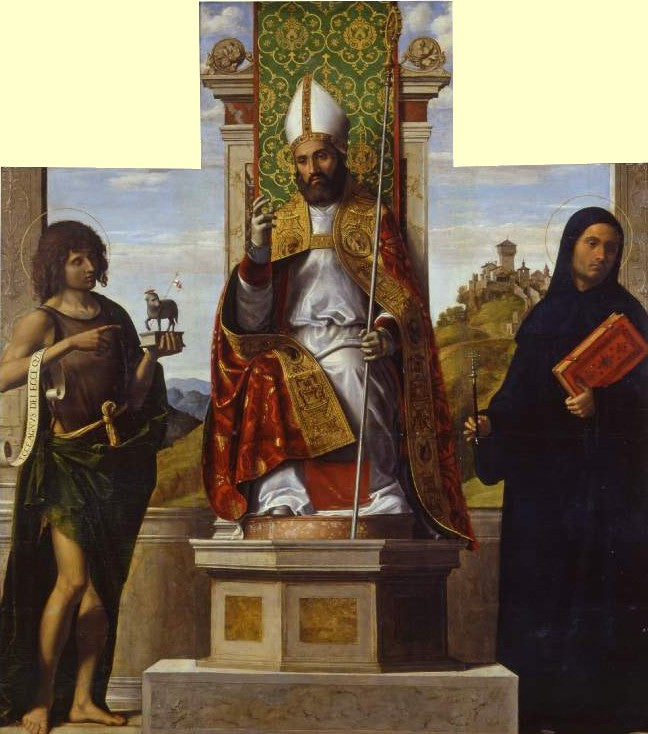 Sint Lanfranc zittend tussen Sint Johannes de Doper en Sint Libère - Cima da Conegliano