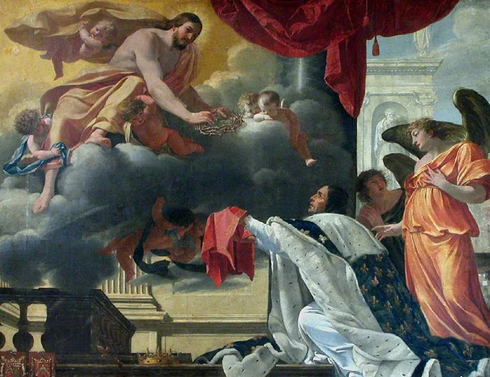 Sint Louis die de doornenkroon ontvangt van de handen van Christus die zich aan hem voordoet - Simon Vouet