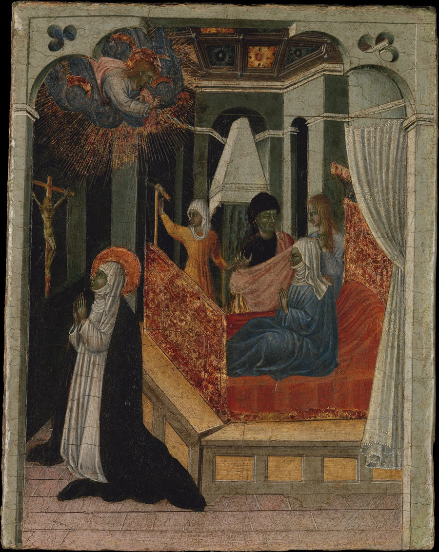 Sint Catharina van Siena die Christus smeekt om haar moeder te doen herrijzen - Giovanni di Paolo