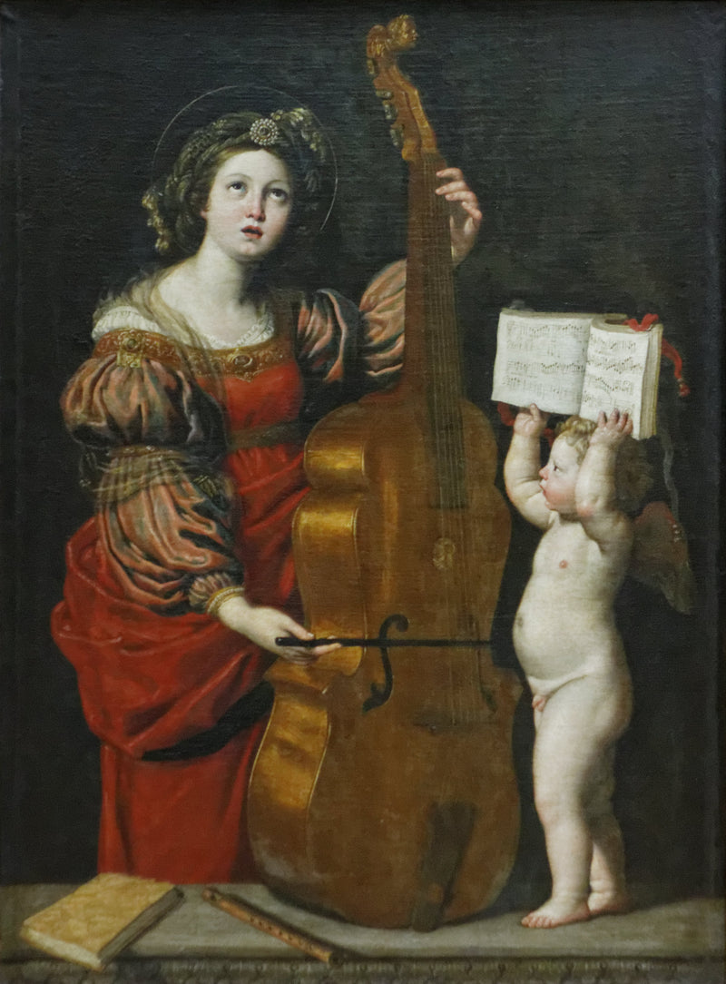 Sint Cecilia met een engel die een muziekpartituur vasthoudt - Domenichino