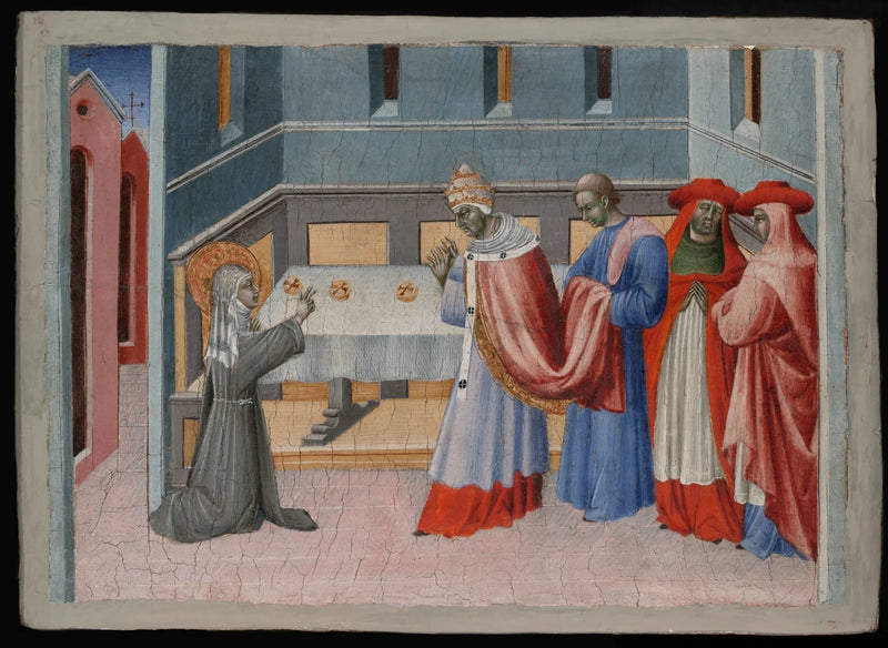 Sint Clare van Assisi zegent het brood voor Paus Innocentius IV - Giovanni di Paolo
