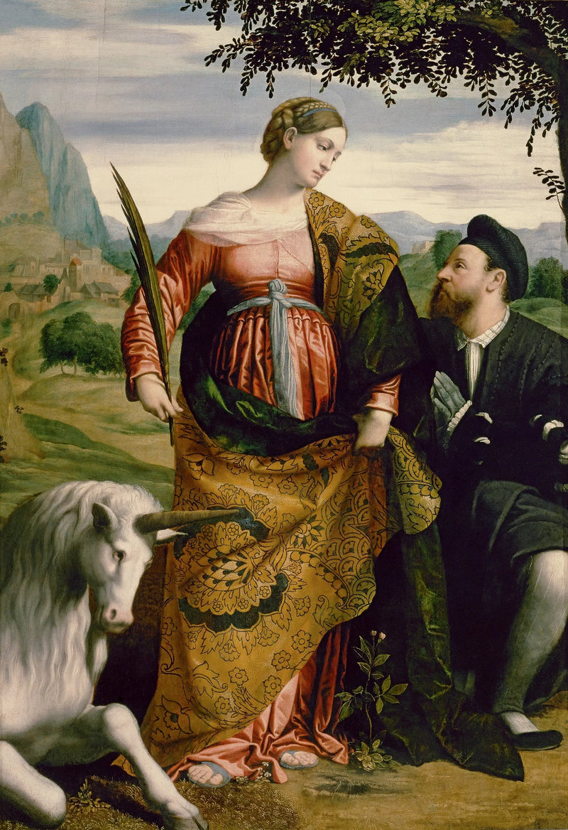 Sint Justine met een eenhoorn, vereerd door een patroon - Alessandro Bonvicino
