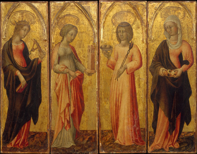Heilige Catharina van Alexandrië, Barbera, Agatha en Margareta - Giovanni di Paolo