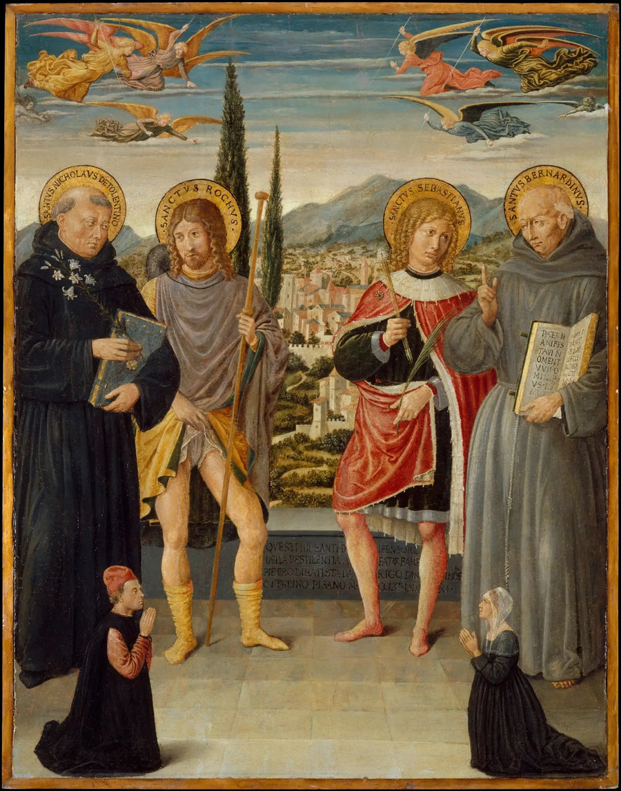 Sint-Nicolaas van Tolentino, Rochus, Sebastianus en Bernardijn van Siena, met knielende donateurs - Benozzo Gozzoli