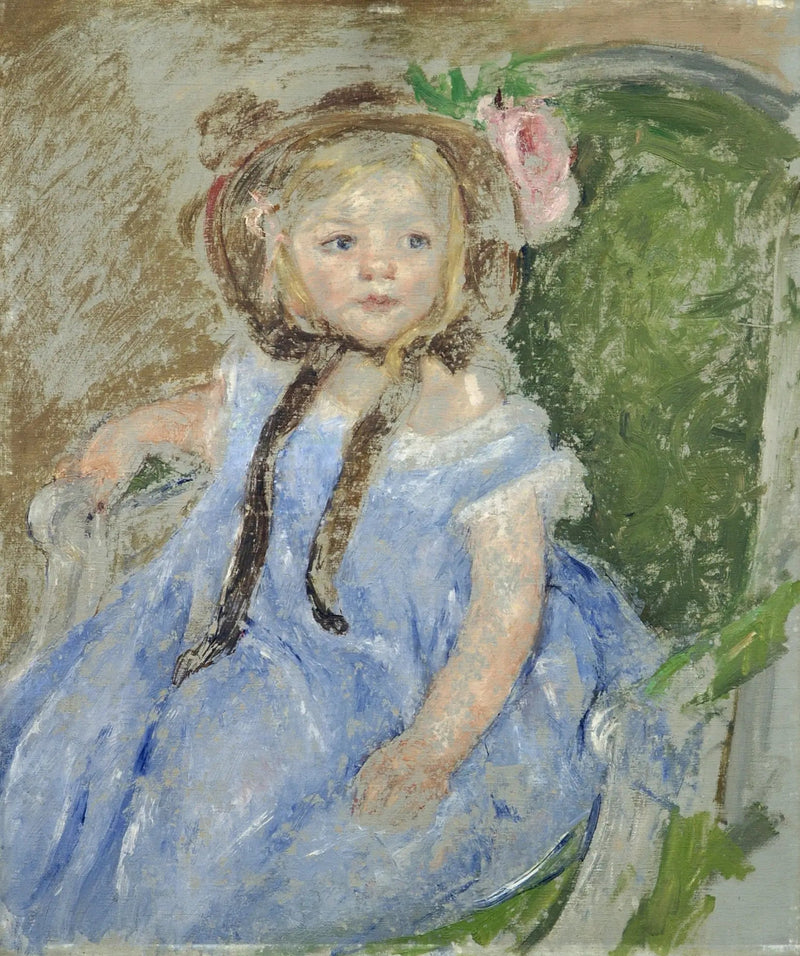 Sara met een donkere hoed met de rechterhand op de arm van een stoel - Mary Cassatt