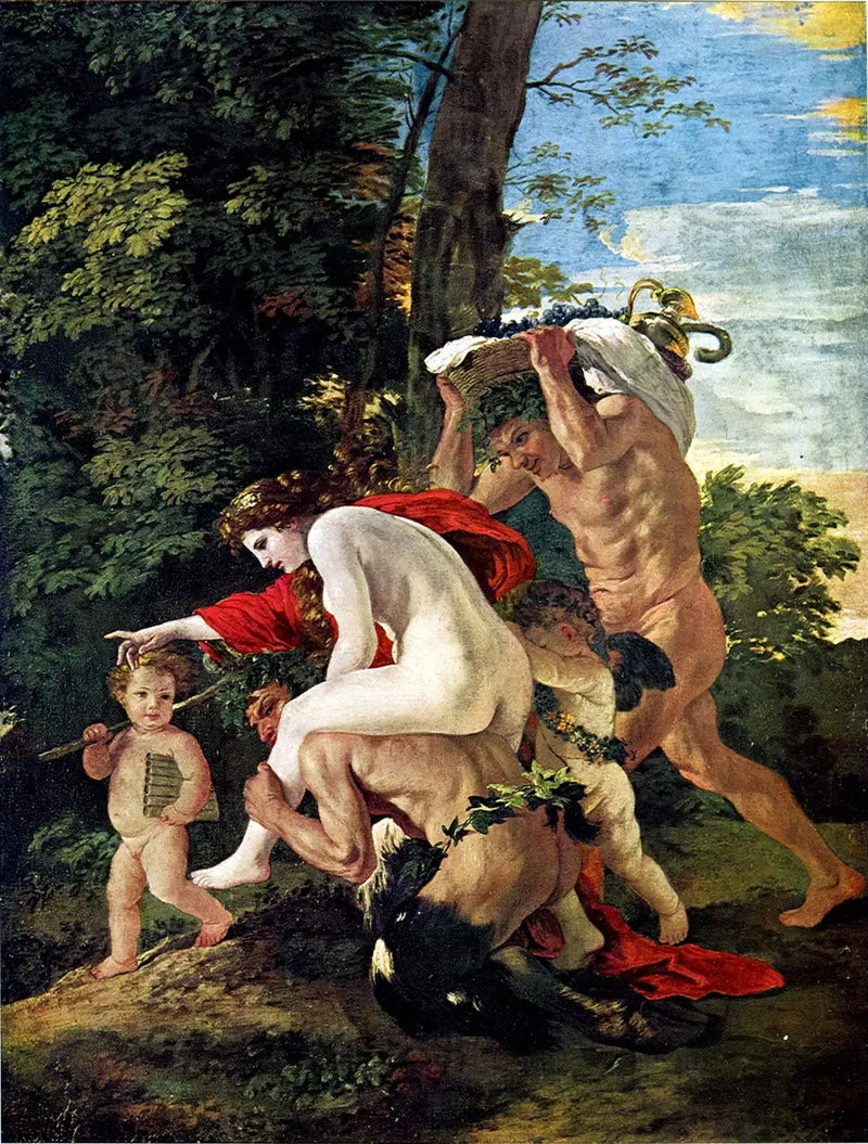 Bacchische scène of nimf die op een satyr rijdt - Nicolas Poussin