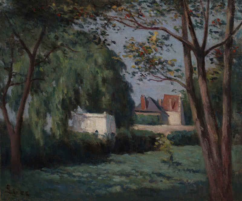 Landelijke scène met drie huizen en een boom - Maximilien Luce