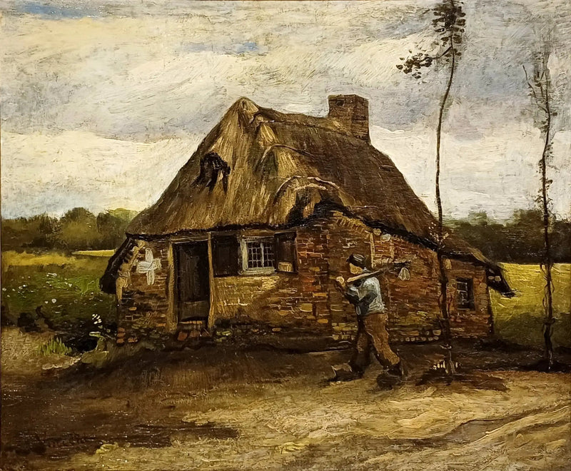 Scène van een cottage met een boer die naar huis terugkeert - Vincent van Gogh