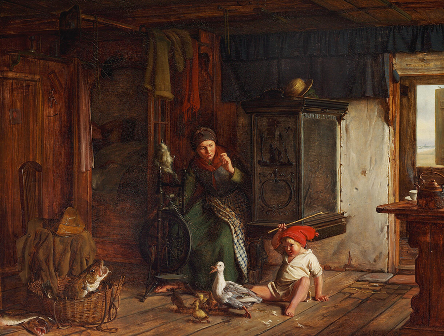 Scène in een vissershuisje. Een jongen valt een eend aan. Papa moet slapen. - Carl Heinrich Bloch