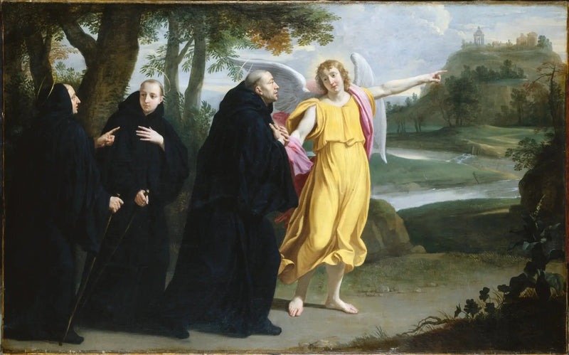 Taferel van het leven van de heilige Benedictus: de engel die aan de heilige Benedictus de locatie van het klooster van Monte Cassino aanwijst - Philippe de Champaigne