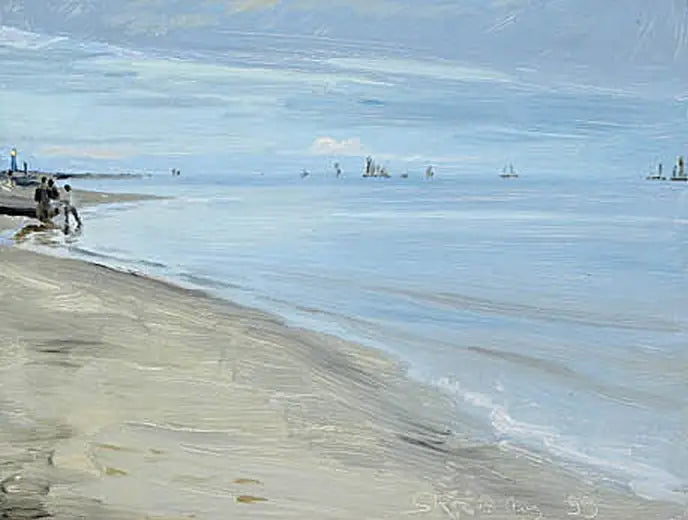 Strandscène in Skagen. Vissers op een boot. De vuurtoren is verlicht. - Peder Severin Krøyer