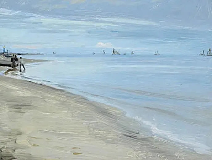 Strandscène in Skagen. Vissers op een boot. De vuurtoren is verlicht. - Peder Severin Krøyer