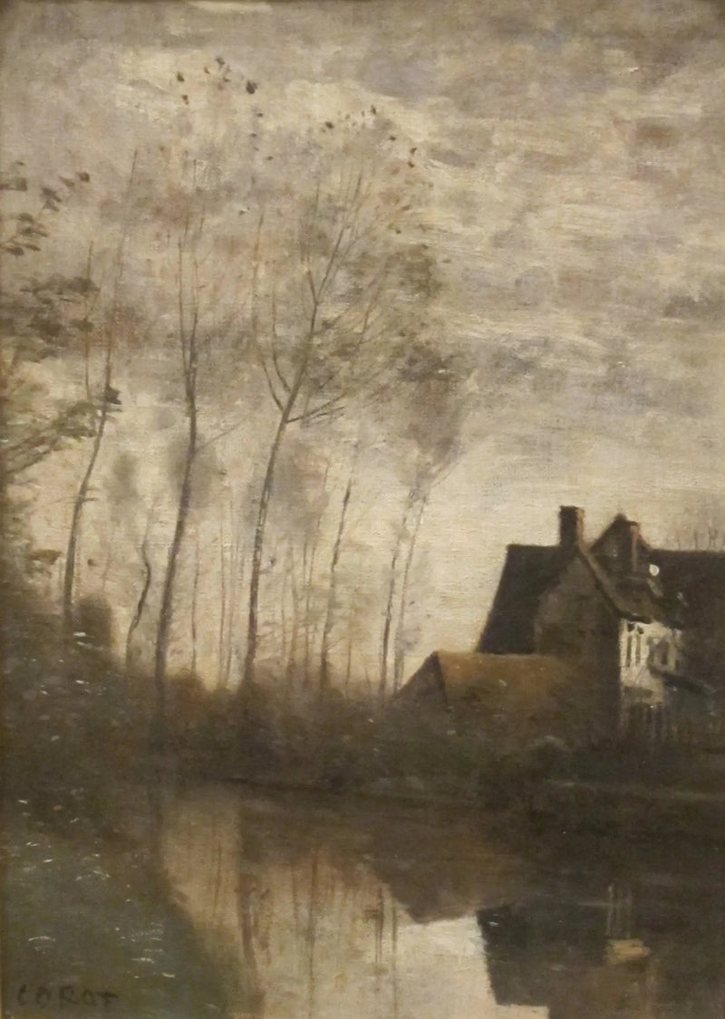 Rivierenscène met huizen en populieren - Jean-Baptiste Camille Corot