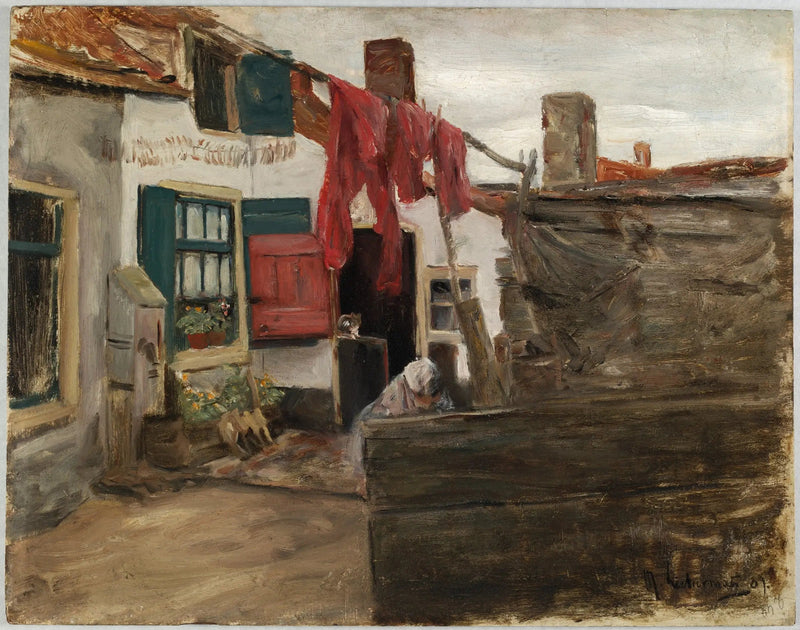 Hollandse dorpsscène met opgehangen wasgoed - Max Liebermann