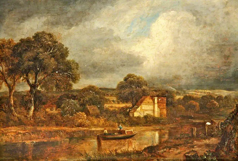 Rivierscène met een woonboot en chalets - John Constable