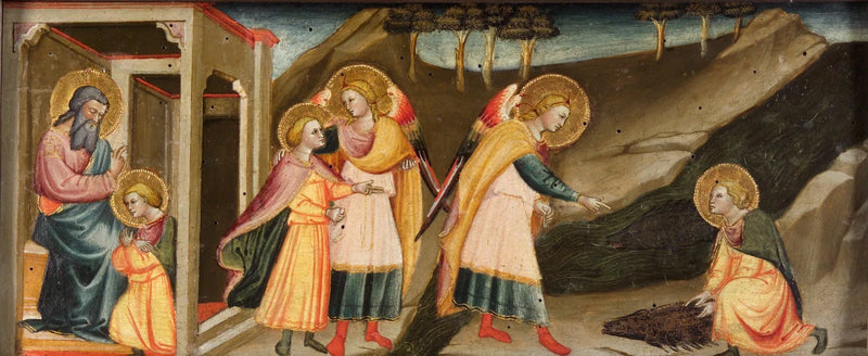 Tobias scènes (Tobias neemt afscheid van zijn vader; De omzwervingen van Tobias en de aartsengel Raphael; Tobias die het hart, de hendel en de gal van de vis neemt) - Bicci di Lorenzo