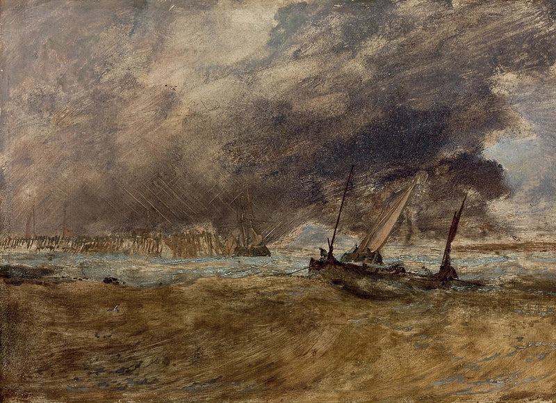 Zeeschilderij met vissersboten bij een houten pier, een opkomende storm - J. M. W. Turner