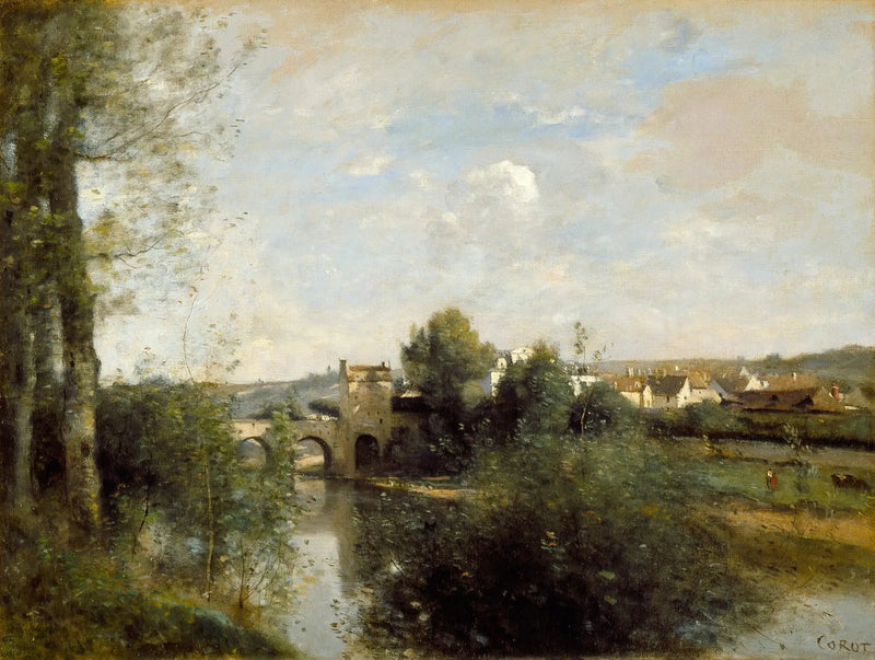 Seine en oude brug in Limay - Jean-Baptiste Camille Corot