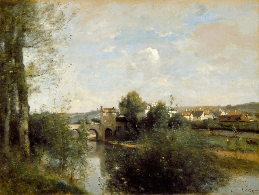 Seine en oude brug in Limay - Jean-Baptiste Camille Corot