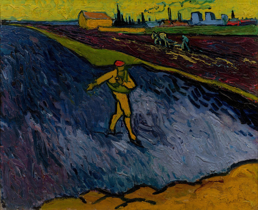 De Zaaier: de omgeving van Arles op de achtergrond - Vincent van Gogh