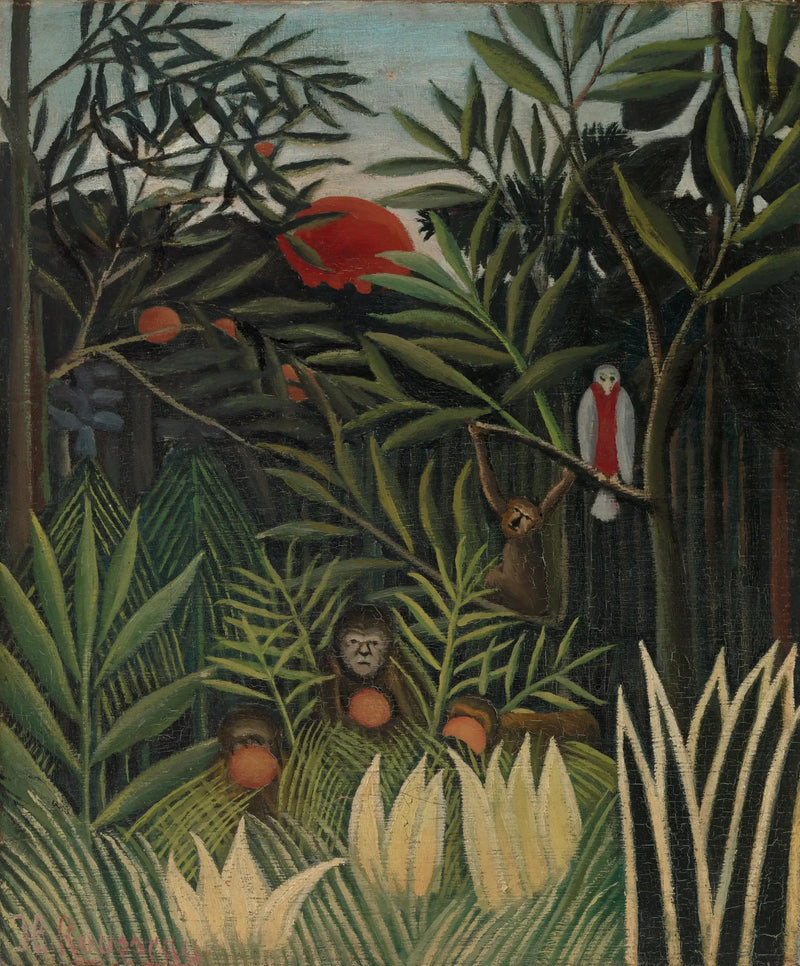 Apen en papegaai in het regenwoud - Henri Rousseau