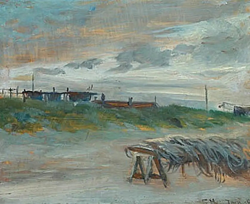 Skagen Sønderstrand op een juninavond, bij bewolkt weer. Vissersnetten vooraan. - Peder Severin Krøyer